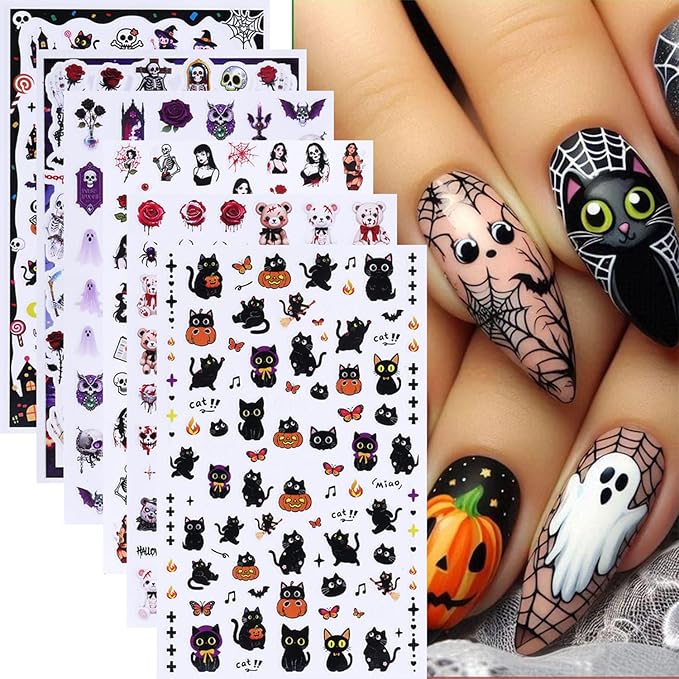 6 Pcs Halloween Nail Art Stickers,Cute Bear and Cat 3D Self-Adhesive Nail Decals with Designs Skull Pumpkin Nail Decorations Halloween DIY Manicure Supplies for Women Girls