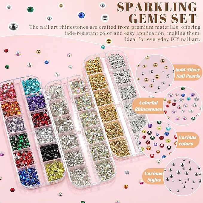 3 Boxes Sparkling Rhinestones and Pearls Kit for Acrylic Nails, 1-3mm Colorful Rhinestones & 1.5-6mm AB/Clear Gemstones & 1.5-5mm Silver/Gold Pearls for Women DIY Manicure Crafts (16-S3-Resin)