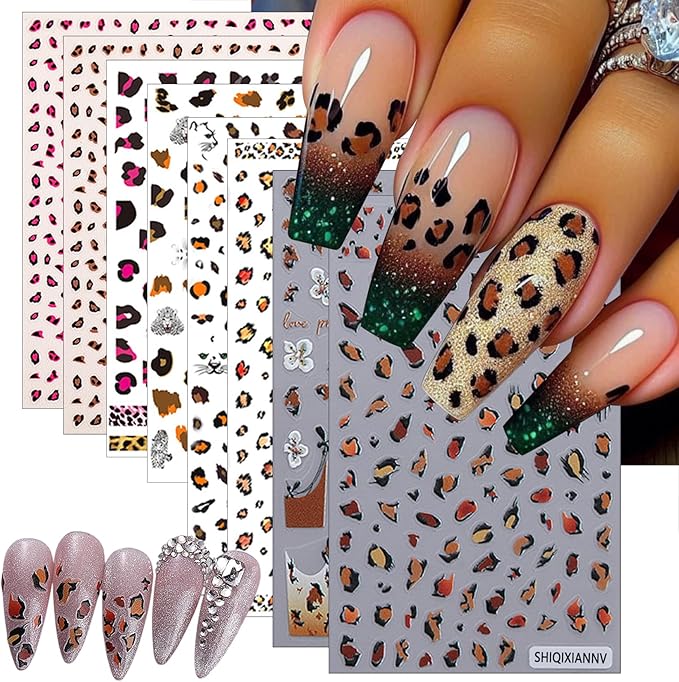 8 Leopard Print Nail Stickers 3D self-Adhesive French Nail Stickers Hibiscus Petal Nail Art Design Suitable for Women and Girls DIY Nail Decoration Supplies
