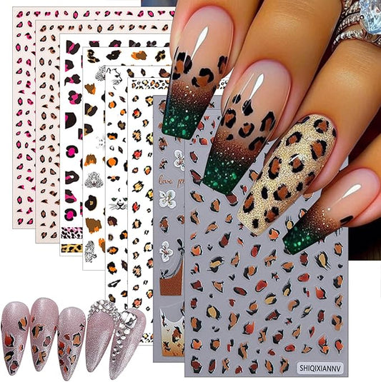 8 Leopard Print Nail Stickers 3D self-Adhesive French Nail Stickers Hibiscus Petal Nail Art Design Suitable for Women and Girls DIY Nail Decoration Supplies