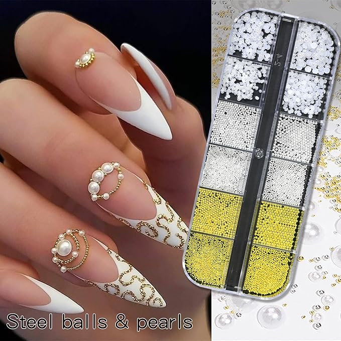 HNUIX Nail Art Charms - 3D Multiple Shapes Size, Flatback Rhinestones and Gems, Pearls, Butterfly, Bow, Flowers, Caviar Beads, with Kit, 6 Boxes, for Nail Art