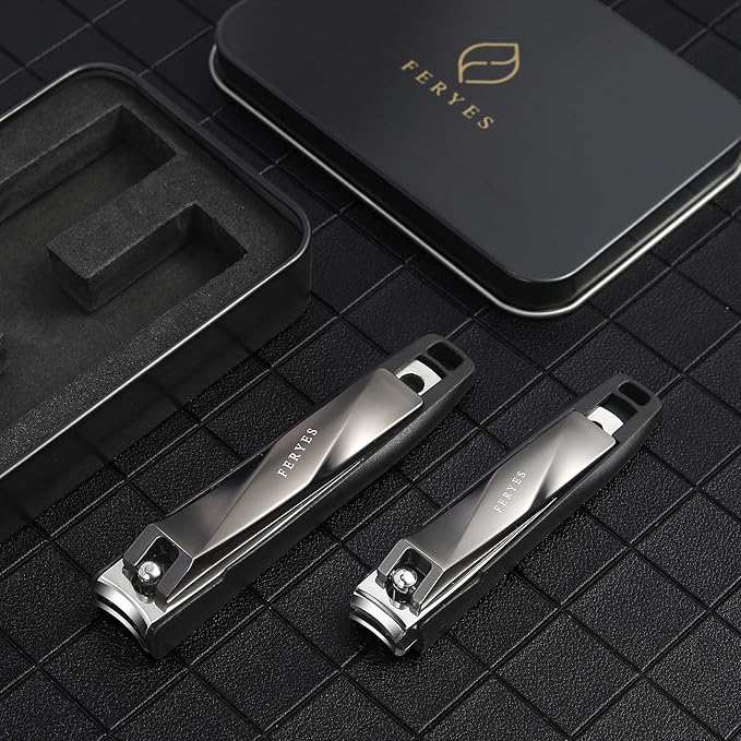 FERYES Nail Clippers with Catcher 2 PCS Set, No Splash Fingernail Clipper and Toenail Clipper, Stainless Steel Nail Cutters - W/Black Metal Case Packing