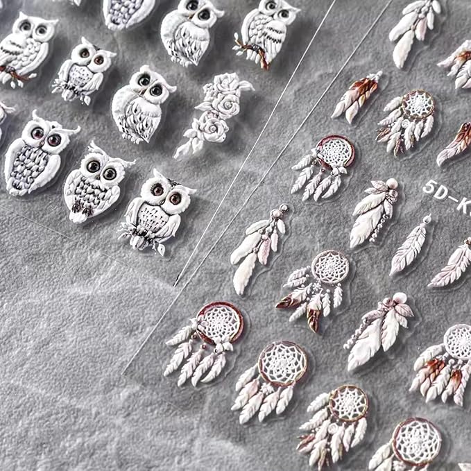 2Sheets Cute Owl Nail Art Stickers 5D Embossed Feather Dreamcatcher Designs Nail Decals Self-Adhesive White Owl Rose Flower Nail Sticker Autumn Winter Nails Supplies for Women DIY Manicure Decor