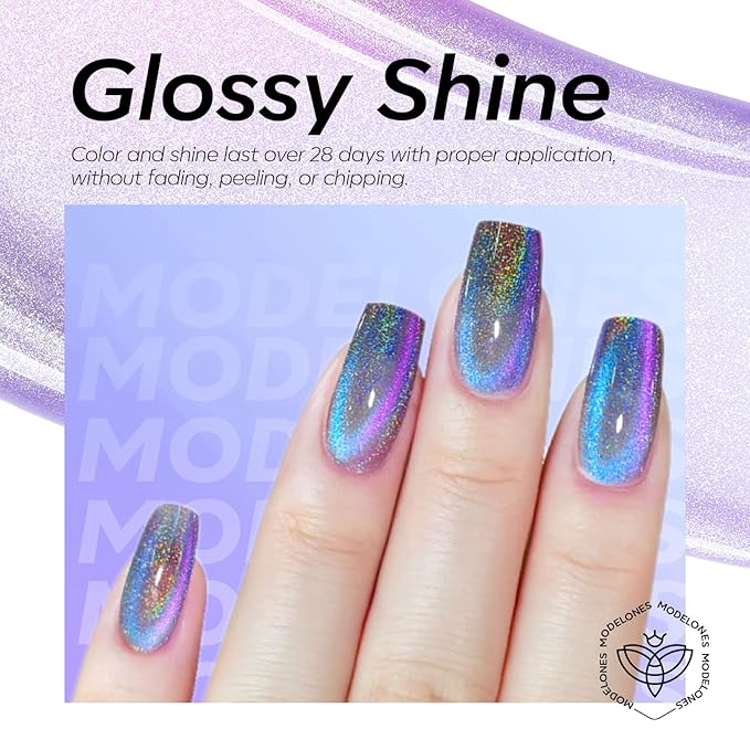 modelones 9D Magnetic Cat Eye Gel Nail Polish, 15 ML Glitter Holographic Glass Rainbow Gel Polish Blue Purple Shimmer Reflective Iridescent Soak Off U V LED Summer Nails Top Coat for Women Girl