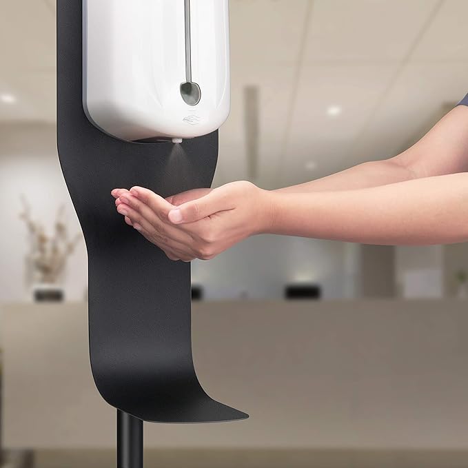 New Star Foodservice 1028898 Freestanding Adjustable Floor Stand for Hand Sanitizer Dispenser with Drip Tray and Weighted Base, Customizable, Black, Round Base
