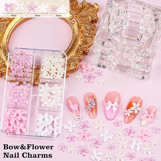 4 Boxes 3D Flower Nail Charms and Gems - Pink/White Nail Flower & Bow Charms Crystal AB Clear Gemstones Silver/Gold Caviar Beads White/AB Pearls for Women DIY Manicure Crafts (20-S4-PinkWhite)