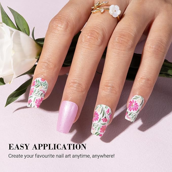 MelodySusie Semi Cured Gel Nail Strips, 20 PCS Gel Nail Stickers, UV Light Required, Durable and Salon Quality (Pearly Pink Flowers)