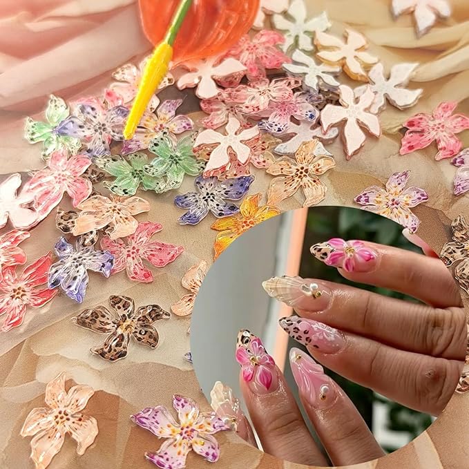 50Pcs 3D Flowers Nail Charm for Nails Flower Resin Nail Rhinestones Spring Hibiscus Floral Nail Art Charm for Acrylic Nails Mixed Colorful Ice Lily Nail Gems Jewelry DIY Summer Manicure Decor Crafts