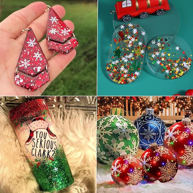 Glitter SUPGIFT 15 Colors 130g Holographic Christmas Snowflake Tree Heart Star Pentagram Chunky Cosmetic Laser Sequins for Makeup Hair Body Nail Art Slime Craft Resin with Brush 5 Spoons
