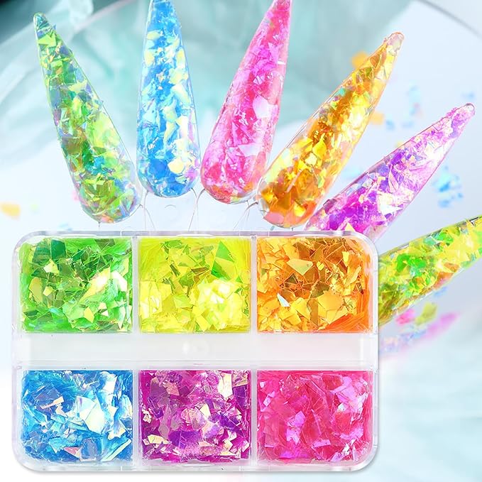 Holographic Iridescent Glitter Nail Art Sequins, 3D Irregular Ultra Thin Nail Art Sparkly Flake Designs, Shiny Colorful Nail Glitter Confetti Acrylic Supplies for Women Girls Manicure Tips Decorations