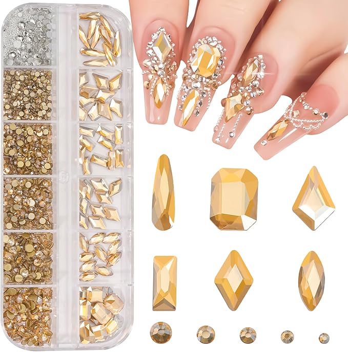 Multi Shapes Champagne Gold 3D Glass Crystal Nail Rhinestones Kit Mix 0.8mm Silver Nail Round Beads Charm Flatback Gems 5 Grids Flatback Rhinestones Stone Diamond for Manicure Makeup DIY Decoration
