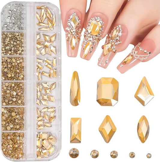 Multi Shapes Champagne Gold 3D Glass Crystal Nail Rhinestones Kit Mix 0.8mm Silver Nail Round Beads Charm Flatback Gems 5 Grids Flatback Rhinestones Stone Diamond for Manicure Makeup DIY Decoration