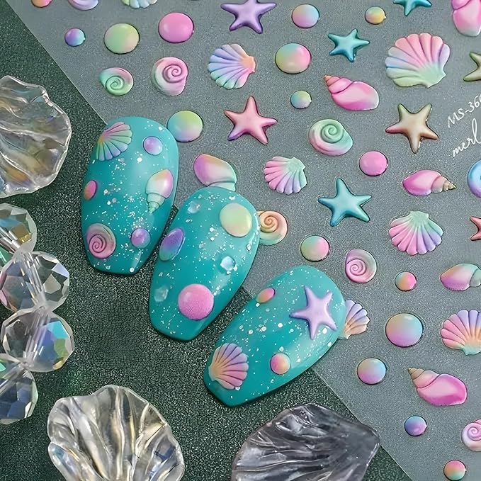 2 Sheets Starfish Nail Stickers - 5D Embossed Self-Adhesive Decals for Summer Nail Art - Colorful Beach Shell Design Supplies Decoration for Women and Girls