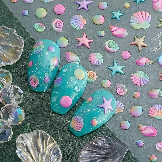2 Sheets Starfish Nail Stickers - 5D Embossed Self-Adhesive Decals for Summer Nail Art - Colorful Beach Shell Design Supplies Decoration for Women and Girls