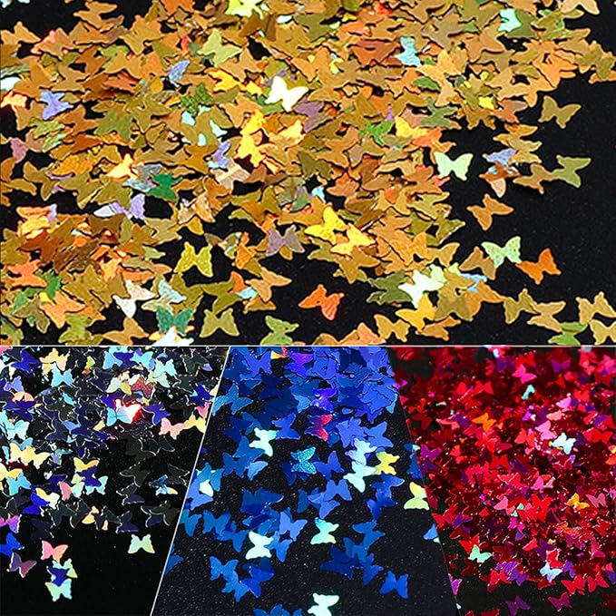 12 Colors Butterfly Nail Art Stickers Butterflies Nail Glitter Sequins 3D Art Accessories Butterfly Shape Flakes Powder Holographic Gold Red Pink Butterflies Sequins Design Acrylic Nails Supply Kit