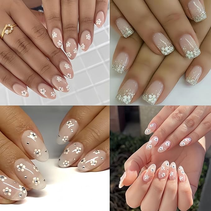 30 Sheets White Flower Nail Art Stickers, 3D Self Adhesive White Flower Nail Sticker Design Holographic Small Floral with Rhinestones Nail Art Decals Nail Supplies for Women Girls Manicure Decoration