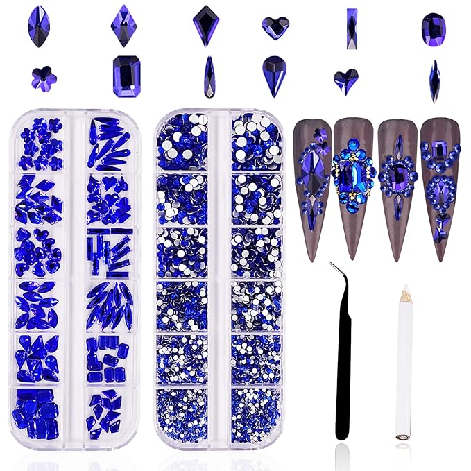 HOINCO Rhinestones, 3120Pcs Sapphire Blue Crystal Glass for Nail Art Craft & DIY, Mix Sizes 12 Shapes with Wax Pen & Tweezers