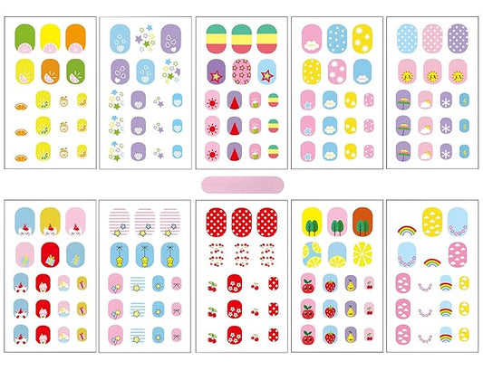 Kids Nail Stickers Full Nail Wraps Self Adhesive Nail Polish Strips for Kids Girls Nail Art Decoration Fun Including Fruits Rainbows Stars Hearts Clouds Recommend for Age 8 and Older (Pack of 10)