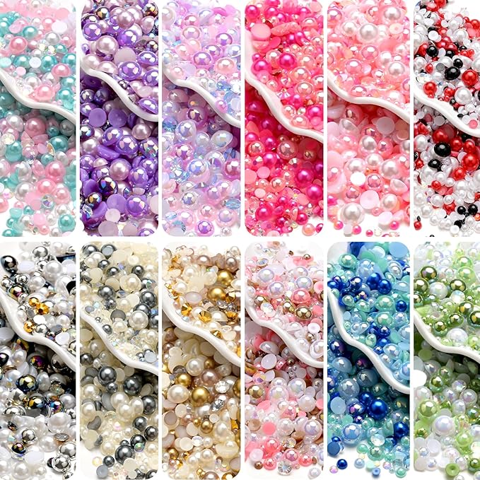 80g Mix Flatback Pearls and Rhinestones for Crafts Blue Mixed Size 2mm-10mm Half Round Pearls Rhinestones for Nail Art Tumblers Shoes DIY Bedazzling with Tweezers Wax Pen