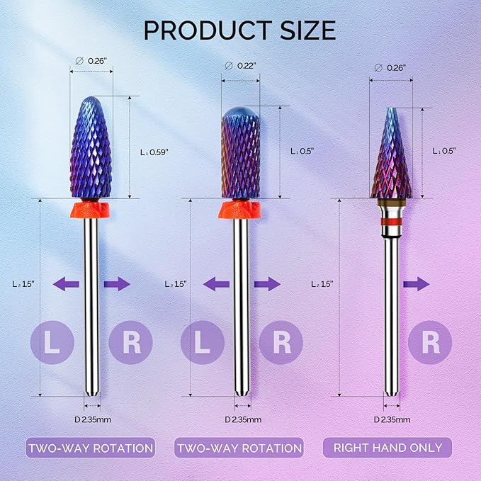 MelodySusie 3Pcs Nail Drill Bits Set, 3/32'' Carbide Tungsten Bits, Long Flame, Smooth Round Top Small Barrel and Tapered Nib Bits, Suitable for Manicure Pedicure Cuticle Gel Acrylic Remover, Purple