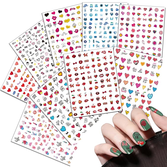 Nail Art Stickers for Women Girls Kids, 18 Sheets Acrylic Decals with Tweezers, Heart Sunflower Fruit Panda Lips Designs, Self-Adhesive Waterproof Nail Decoration