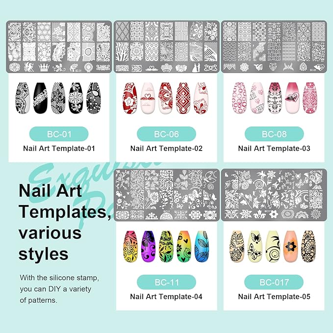X&D Nail Art Stamper Clear Jelly Nail Art Stamping Transparent Silicone Rubber Nail Polish Stamper with Acrylic Scraper, Spare heads, Stainless Steel Plate Kit for French Tips and Transfer Images B