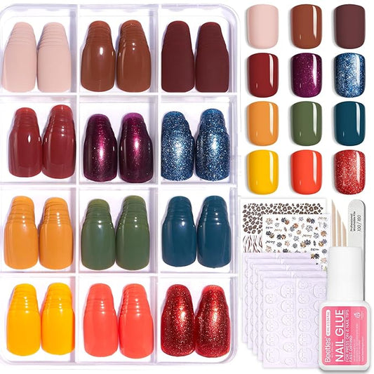 Beetles Press On Nails Kit - Festival Glow | 360Pcs 12 Colors Short Square Press On Nails | 15 Sizes Matte Glossy Glitter With Nail Glue & Nail Tabs Stickers, Fake Nails Kit Art For Women