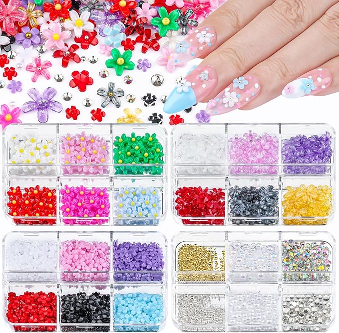 4 Boxes 3D Flower Nail Charms and Gems - Colorful Nail Flower Charms Crystal AB Clear Gemstones Silver/Gold Caviar Beads White/AB Pearls for Women DIY Manicure Crafts (22-S4-Colorful2)