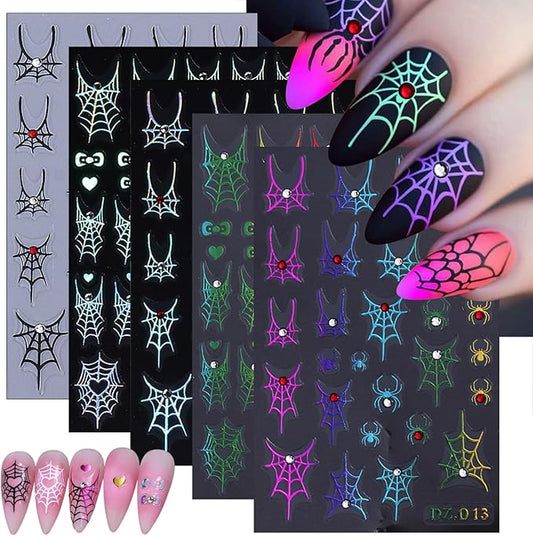 5 Sheets 5D Embossed Halloween Nail Art Stickers Self-Adhesive French Tip Spider Web Nail Decals Laser Gold Silver Black Rhinestones Spider Nail Designs Stickers Holiday Nails Decoration for Women DIY