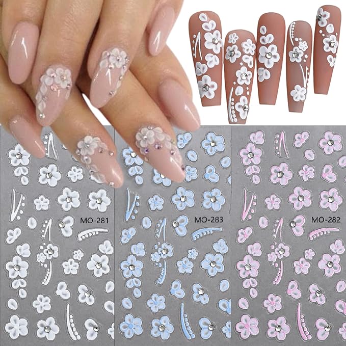 5D Embossed Crystal Diamond Flower Nail Art Stickers Small White Flowers Self-Adhesive Nail Decals Cherry Blossoms with Rhinestones Nail Design Supplies Cute Stickers for Women Girl Manicure 3PCS