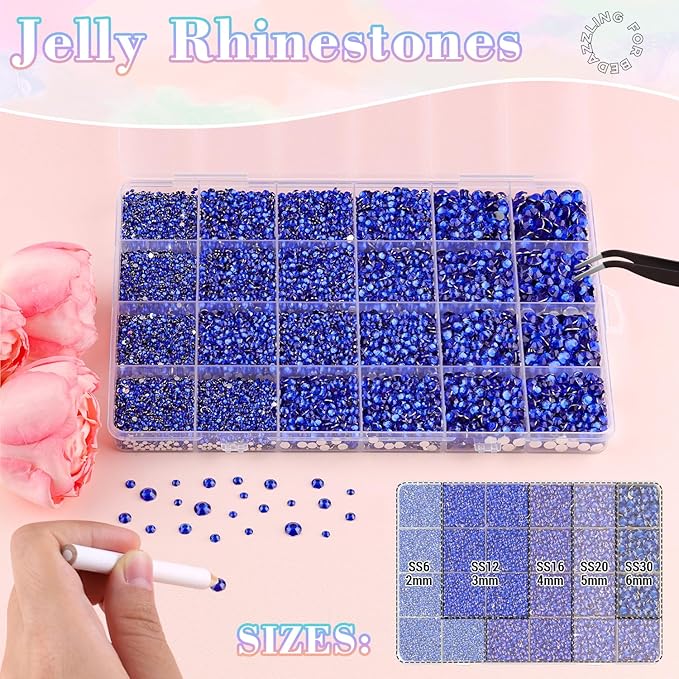 25000Pcs Resin Rhinestones with Tweezers for Crafting, 2-6mm Mixed Sizes (Royal Blue) Non Hotfix Flatback Gems, Bedazzling Crystal for DIY Crafts Clothing Tumblers Mugs Shoes Decor Nail Art