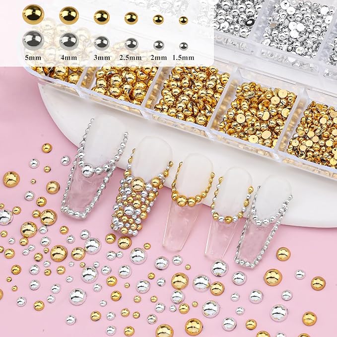 5 Boxes Nail Gems Kit - Flatback Rhinestones and Half Pearls & Nail Beads for Acrylic Nails, Colorful Rhinestones Crystal AB Clear Gemstones Silver/Gold Caviar Beads with Pickup Tools (23-S4-Beads)