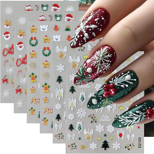 6 Sheets Christmas Nail Stickers, Christmas Tree Bell Snowflake Nail Art Stickers 3D Self-Adhesive Nail Art Supplies Santa Claus Elk Design Winter Xmas Nail Decals for Women DIY Holiday Manicure Decor