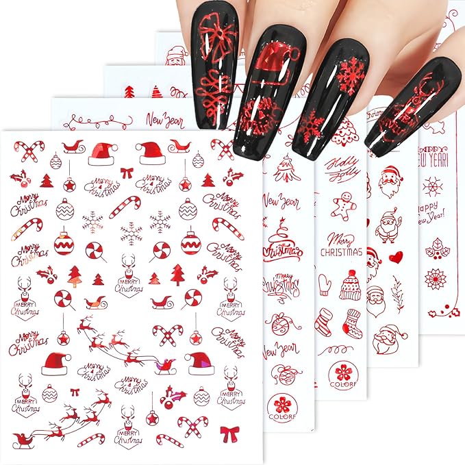 HNUIX Nail Stickers - 3D Christmas, Self Adhesive Nail Decals, Multi Pattern, Red, 9 Sheets, for Nail Art