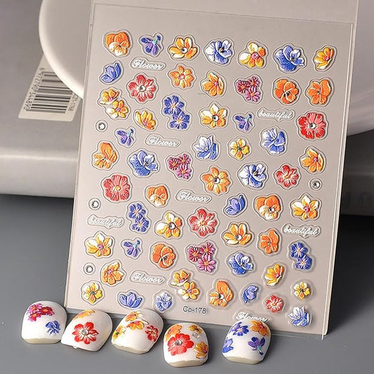 Flower Nail Stickers for Nail Art - 5D Embossed Flowers Nail Art Stickers Summer Floral Petals Rhinestones Embossed Nail Decals Self-Adhesive Manicure Sliders Flower Sticker for Nails Decoration