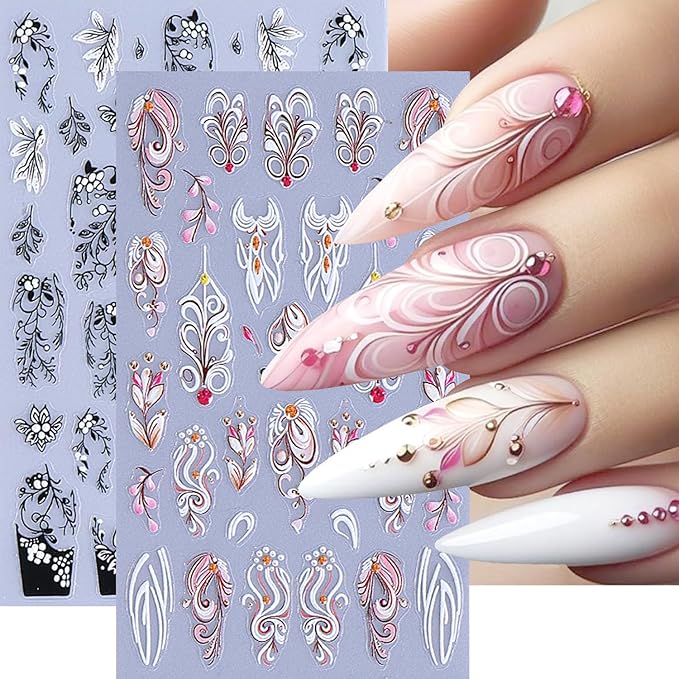 2Sheets Retro Black White Vine Flowers Nail Art Stickers 3D Embossed Pink Flower Vine Designs Nail Decals Self-Adhesive Floral Leaves French Nail Sticker Spring Nails Supplies for Women Nails Decor