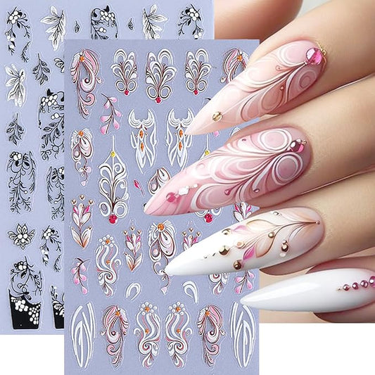 2Sheets Retro Black White Vine Flowers Nail Art Stickers 3D Embossed Pink Flower Vine Designs Nail Decals Self-Adhesive Floral Leaves French Nail Sticker Spring Nails Supplies for Women Nails Decor