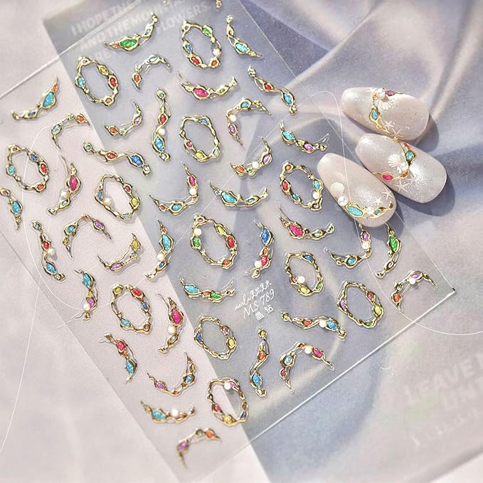 1 Sheet Gold Gemstone Necklace Nail Art Stickers 5D Embossed Pearls Gems Nail Decals with Gilded Designs Nail Sticker Self-Adhesive Colorful Rhinestone Nail Decal for Women Nails Decoration Supplies