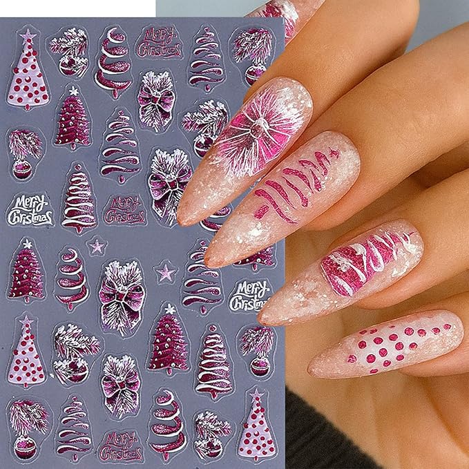 3 Sheets Christmas Nail Art Stickers 5D Micro Embossed Red Bow Holly Leaf Nail Decals Winter Purple Christmas Tree Snowmen Snowflake Design Santa Hat Nail Supplies for Women Holiday Manicure DIY
