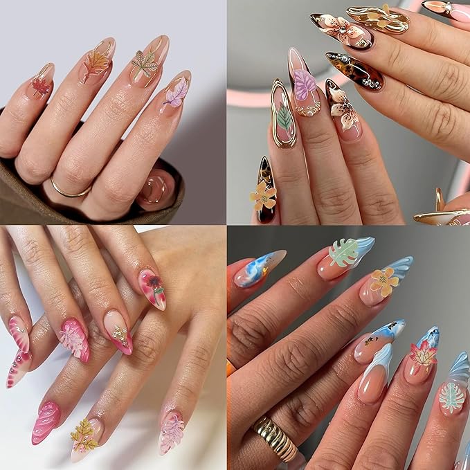 300Pcs 3D Flower Nail Art Charms Sequins Decals Colorful Mixed Maple Leaves Design Slice Nail Flowers Ultra Wood Pulp Flakes Sequins 5
