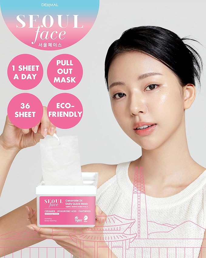 DERMAL Seoul Face Ceramide 3X Daily Quick Mask 36 Sheet – Korean Skincare Vegan Tencel Facial Masks - Intensive Moisturizing, Elasticity Mask Sheets with Hyaluronic Acid, Panthenol, Adenosine