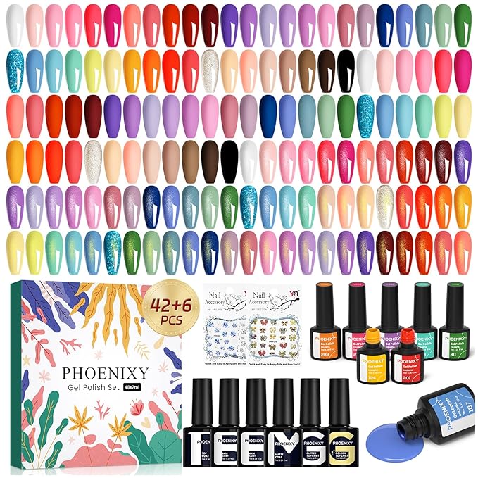 phoenixy 50 Pcs Gel Nail Polish Set, 42 Colors Gel Polish with Base Coat & 4 Effects Top Coat Pink Purple Blue Yellow Gel Polish Kit Nail Starter Set Gifts for Women Girls