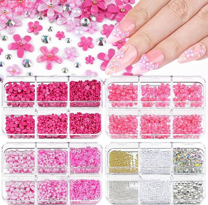 4 Boxes 3D Flower Nail Charms and Gems - Rose Nail Flower Charms Crystal AB Clear Gemstones Silver/Gold Caviar Beads White/AB Pearls for Women DIY Manicure Crafts (19-S4-Rose)