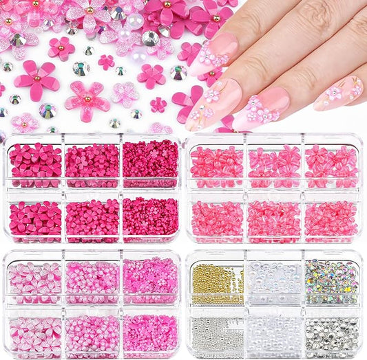 4 Boxes 3D Flower Nail Charms and Gems - Rose Nail Flower Charms Crystal AB Clear Gemstones Silver/Gold Caviar Beads White/AB Pearls for Women DIY Manicure Crafts (19-S4-Rose)