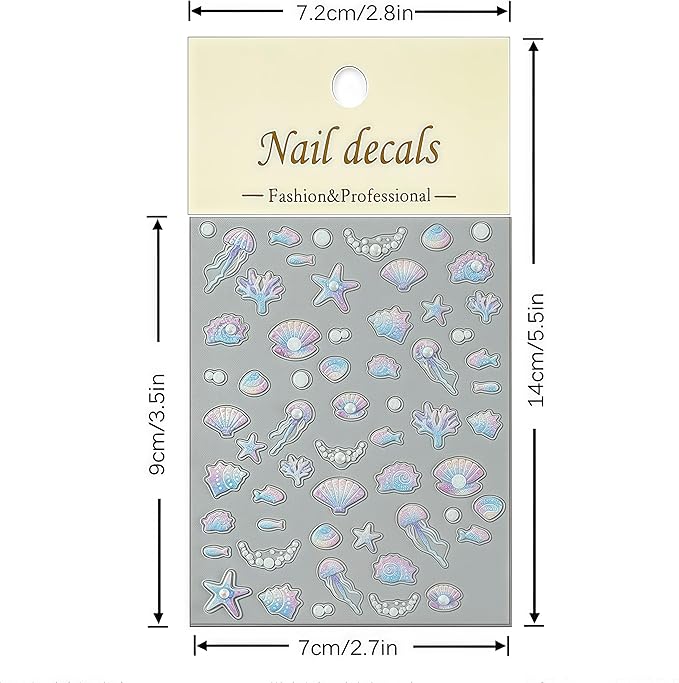 1 Sheets Embossed Shell Starfish Nail Art Stickers 5D Self Adhesive Summer Marine Life Fishtail Pearl Decals for Women Girls Manicure DIY Decorations Exquisite Cardboard Set