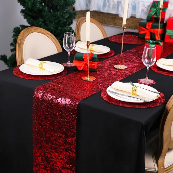 Snowkingdom Red Sparkly Table Runner Glitter Sequin Glitter Metallic Foil Mesh - Image 3
