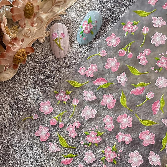 Flower Nail Stickers for Nail Art - Peach Blossom Nail Art Sticker Floral Embossed Nail Decals Self-Adhesive Nails Supply Manicure Stickers for Nails Decoration