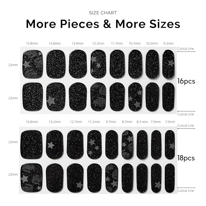 Semi Cured Gel Nail Strips - NAILOG 34 Pcs Gel Nail Stickers Buy 2 Get 1 UV Light | Long Lasting Nail Wraps with Glossy Gel Finish Black, Stardust