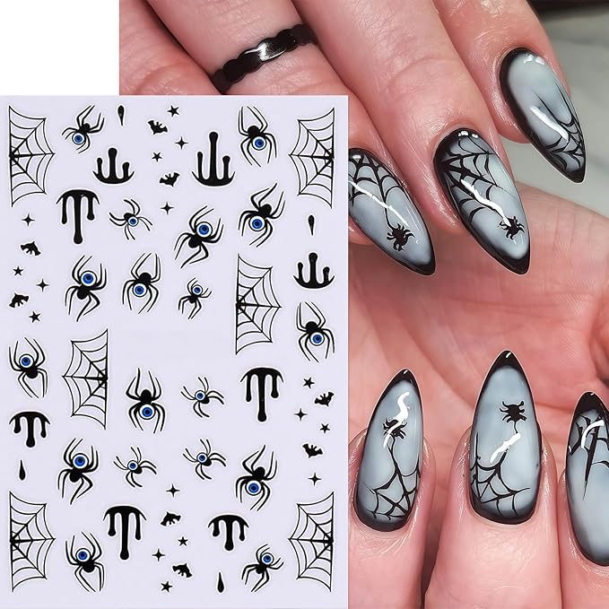 6 Sheets Halloween Nail Stickers 3D Self-Adhesive Scary Eyes Spider Ghost Nail Art Stickers Holiday Nail Decals Bloody Spiderweb Black Ghost Bats Nail Supplies for Women DIY Holiday Nail Decoration