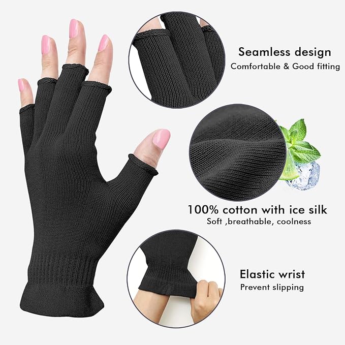 MIG4U Fingerless Moisturizing Gloves, Half Finger Touchscreen Beauty Glove for Eczema, SPA, Dry Hands, Skin Treatment, Summer Sun UV Protection (L/XL, Black-1 Pair)